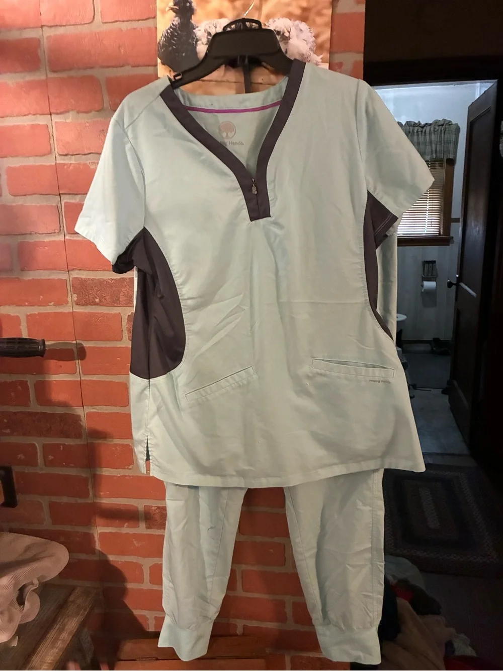 healing hands Light Blue and Charcoal Two-Piece Scrub Set